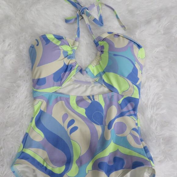 GAP Womens Sz S Blue and Neon Yellow Recycled Halter One-Piece Swimsuit Retro - Picture 3 of 5
